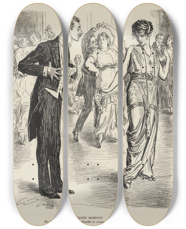 Triptych art skateboard deck of Charles Dana Gibson Tragic Moments His Fiance Sees Captain Von Hoffenfeffer In Civillian Clothes For The First Time by Charles Dana Gibson (1867-1944)
