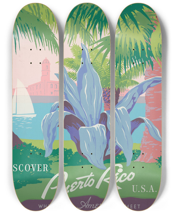 Triptych art skateboard deck of Frank S Nicholson Discover Puerto Rico Usa by Frank S Nicholson (20-)