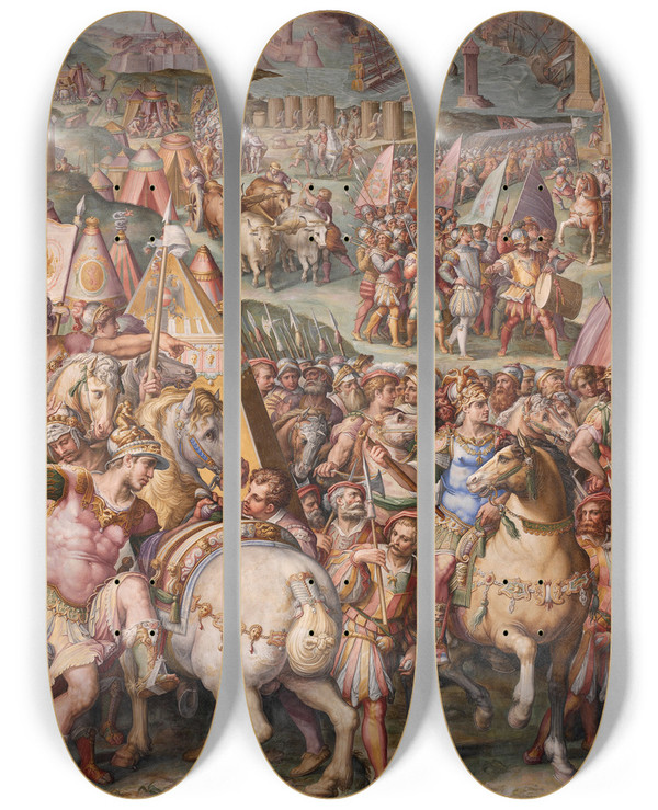 Triptych art skateboard deck of Giorgio Vasari The Emperor Massimiliano Lifts The Siege From Livorno by Giorgio Vasari (1511-1574)