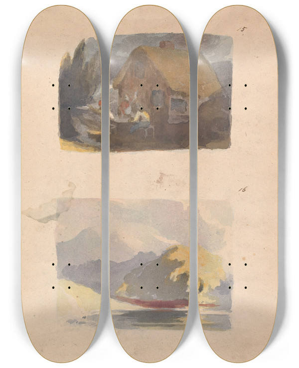 Triptych art skateboard deck of Thomas Sully Cottage With Figures In Front No 15 Landscape With River And Mountains Sunshine No 16 by Thomas Sully (1783-1872)