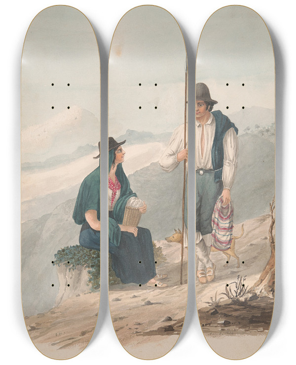 Triptych art skateboard deck of Alfred Diston Man And Woman Of Chasnatenerife by Alfred Diston (1793-1861)