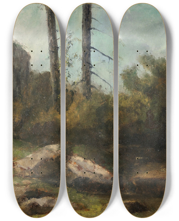 Triptych art skateboard deck of Gustave Courbet La Garenne De Bussac En Saintogne by Gustave Courbet (1819-1877)
