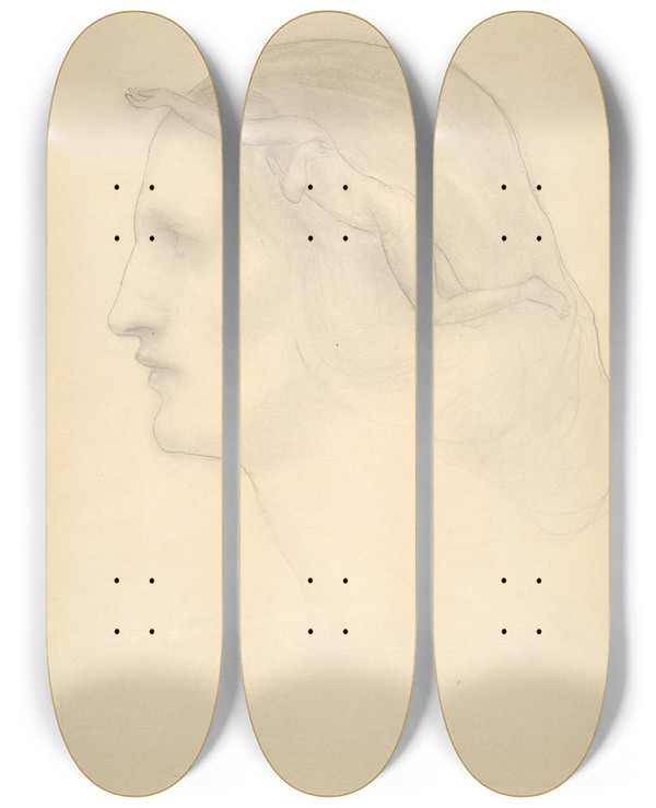 Triptych art skateboard deck of Kahlil Gibran Profile And Superimposedfigure by Kahlil Gibran (1883-1931)