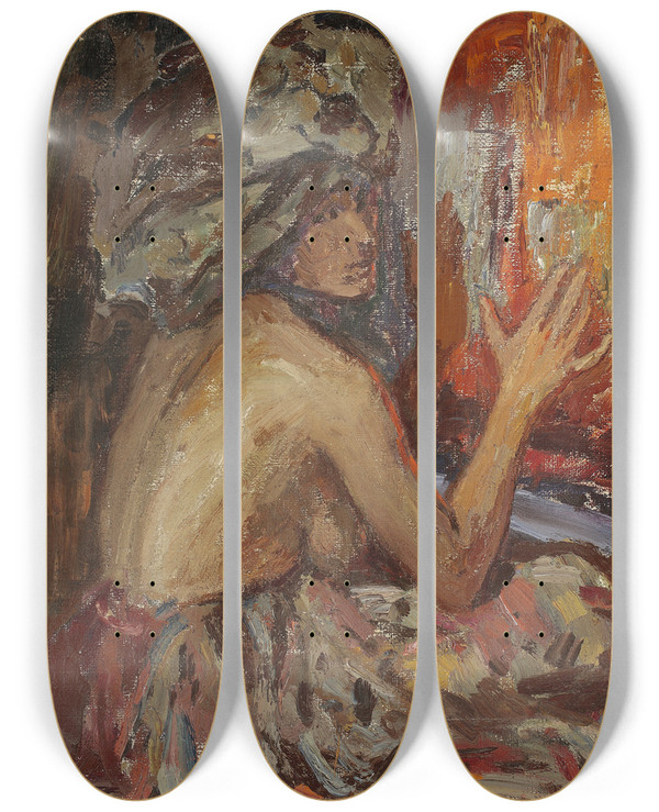 Triptych art skateboard deck of Jan Cigliski Fire by Jan Ciaglinski (1858-1913)
