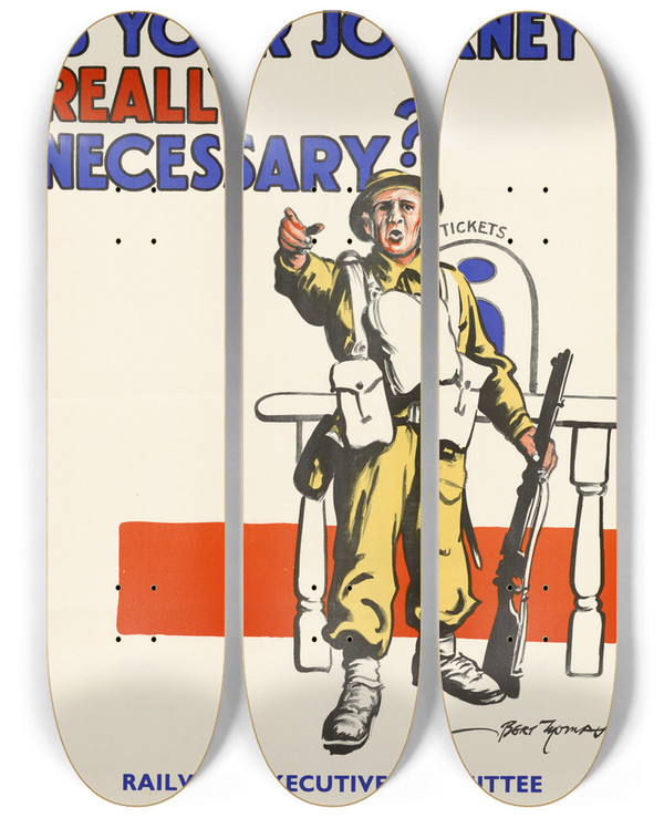 Triptych art skateboard deck of Bert Thomas Is Your Journey Really Necessary by Bert Thomas (1883-1966)