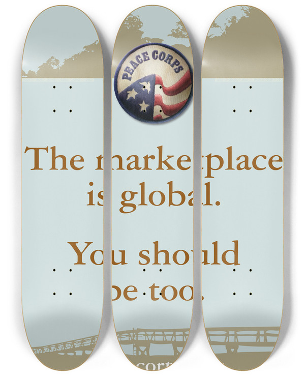 Triptych art skateboard deck of Peace Corps The Marketplace Is Global by Peace Corps (20-)
