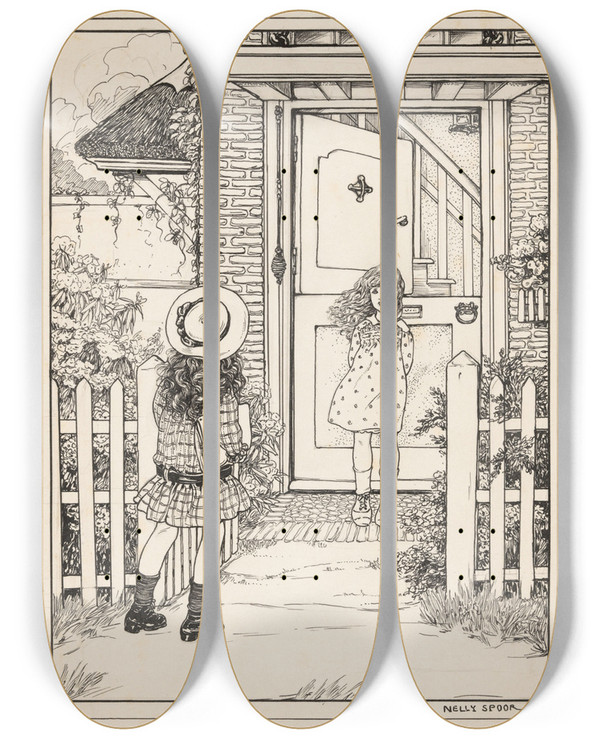 Triptych art skateboard deck of Nelly Spoor Twee Meisjes Bij Een Voordeur by Nelly Spoor (1885-1950)