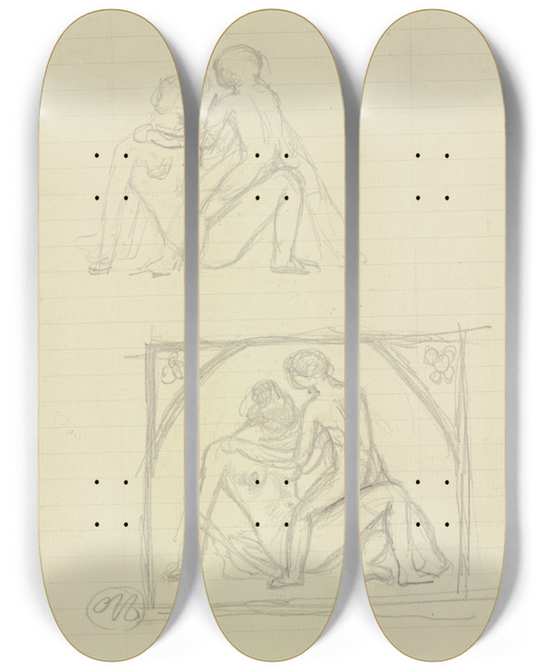 Triptych art skateboard deck of Aristide Maillol Studienblatt Lagernder Weiblicher Akt Mit Kind by Aristide Maillol (1861-1944)
