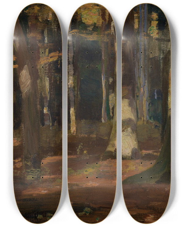 Triptych art skateboard deck of Gustav Kampmann Im Laubwald by Gustav Kampmann (1859-1917)