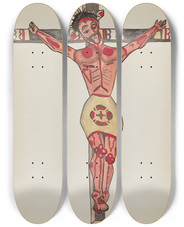 Triptych art skateboard deck of American 20Th Century Plate 27 Christ Crucified Mora From Portfolio Spanish Colonial Designs Of New Mexico by American 20Th Century