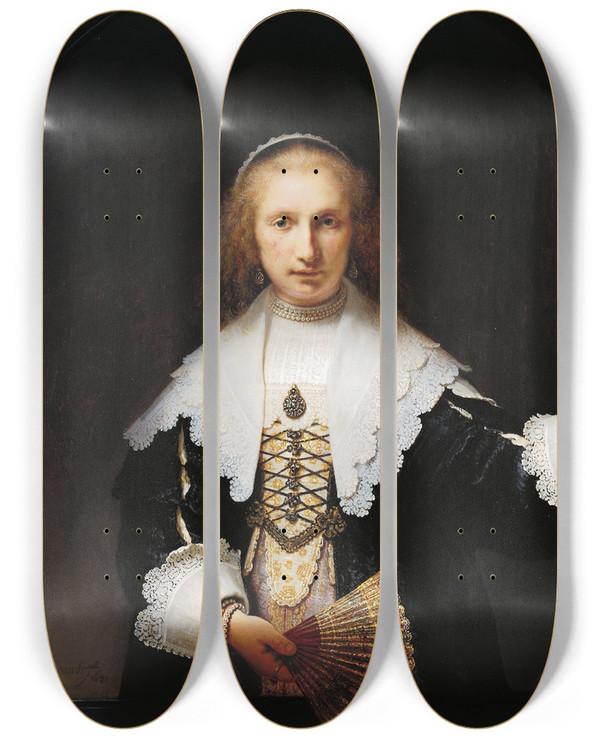 Triptych art skateboard deck of Rembrandt Van Rijn Agatha Bas 161158 by Rembrandt Van Rijn (1606-1669)