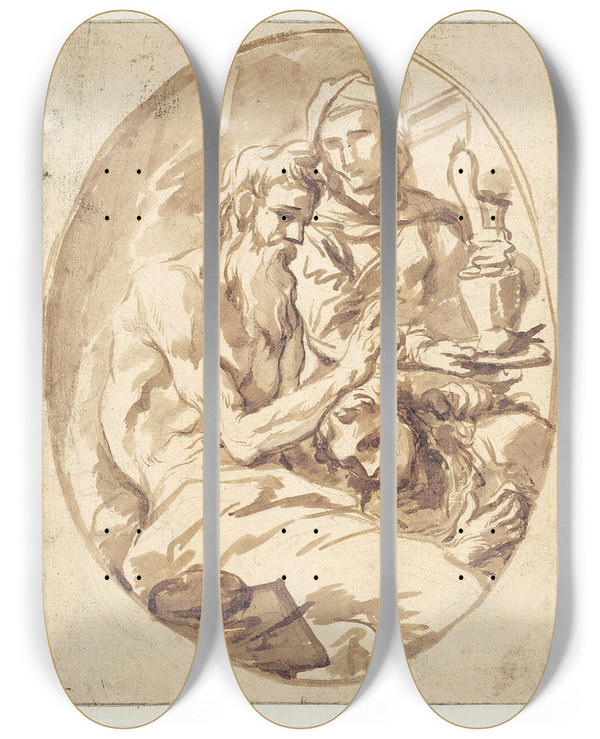 Triptych art skateboard deck of Alessandro Magnasco Isaac Blesses Jacob by Alessandro Magnasco (1667-1749)