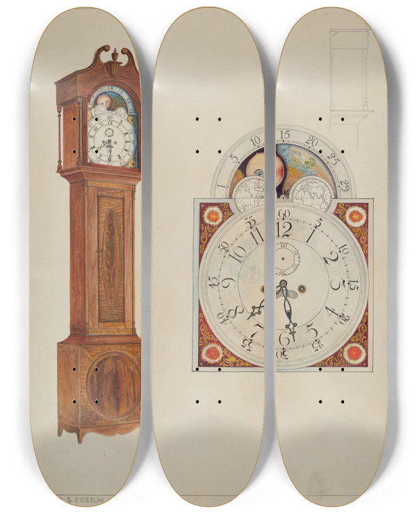 Triptych art skateboard deck of Magnus S Fossum Grandfather Clock by Magnus S Fossum