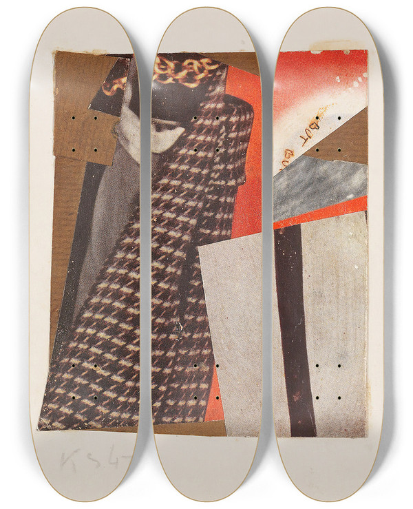 Triptych art skateboard deck of Kurt Schwitters Ohne Titel But But Merzzeichnung by Kurt Schwitters (1887-1948)