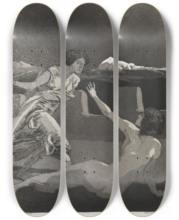 Triptych art skateboard deck of Max Klinger Drohung Zelt Opus Xiv 2 Teil Nr 31 by Max Klinger (1857-1920)