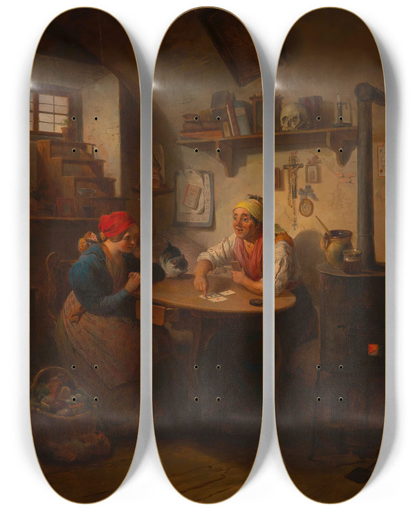 Triptych art skateboard deck of Eduard Ritter Die Wahrsagerin by Eduard Ritter (1808-1853)