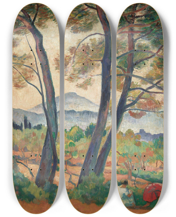 Triptych art skateboard deck of Henri Lebasque Sanary Vue Sur Le Cap Sici by Henri Lebasque (1865-1937)
