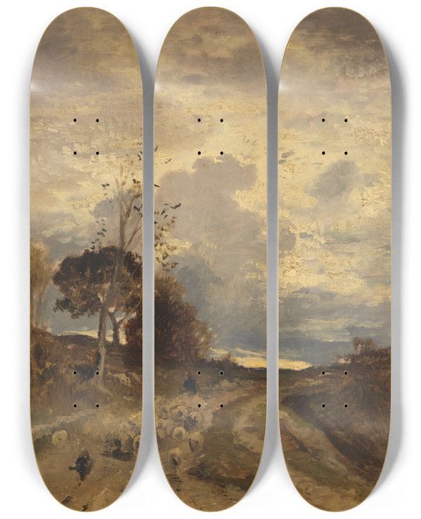 Triptych art skateboard deck of Adolf Heinrich Lier Herbstlandschaft Am Abend Mit Heimkehrender Schafherde by Adolf Heinrich Lier (1826-1882)