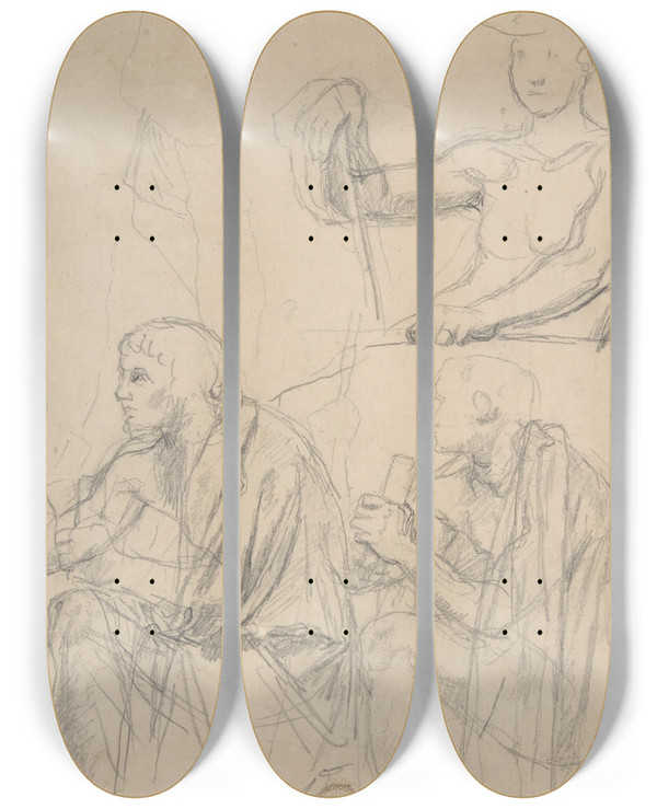 Triptych art skateboard deck of Jean Auguste Dominique Ingres Study Of Figures_1 by Jean Auguste Dominique Ingres (1780-1867)