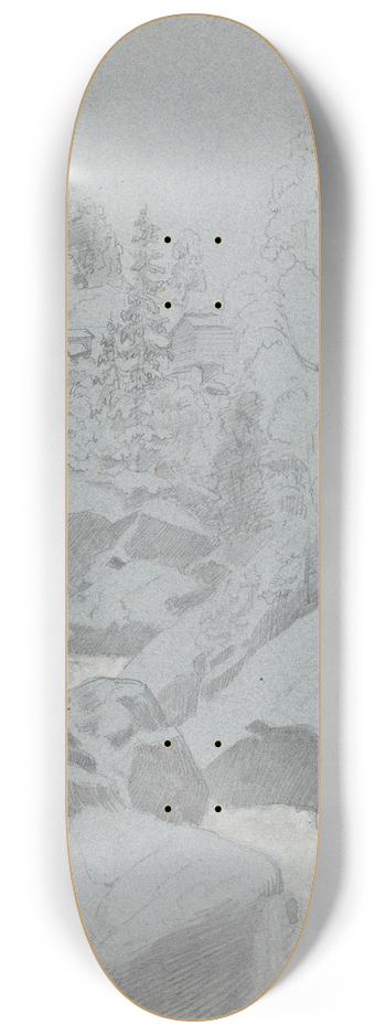 Adolph Tidemand - Skoginterir med foss og hus 8.25 inch art skate deck