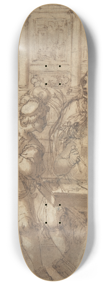 Agostino Tassi - Architect in His Study Holding a Compass and Conversing with Three Men 8.25 inch art skate deck