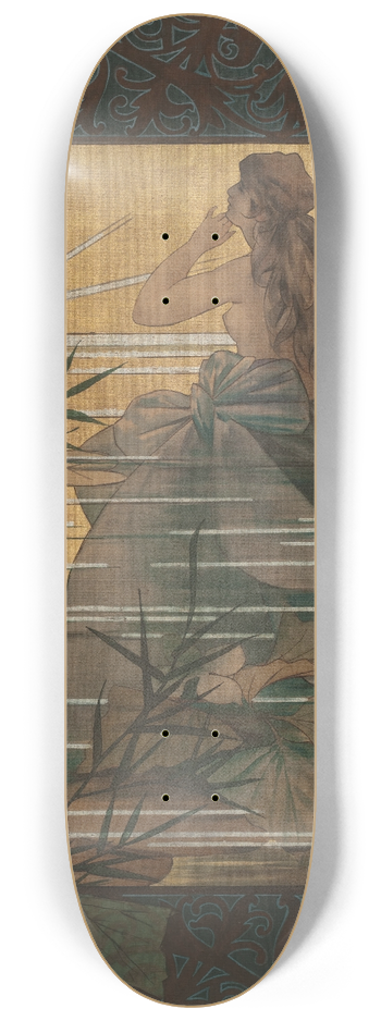 Alexandre de Riquer - Composition with winged nymph at sunrise 8.25 inch art skate deck