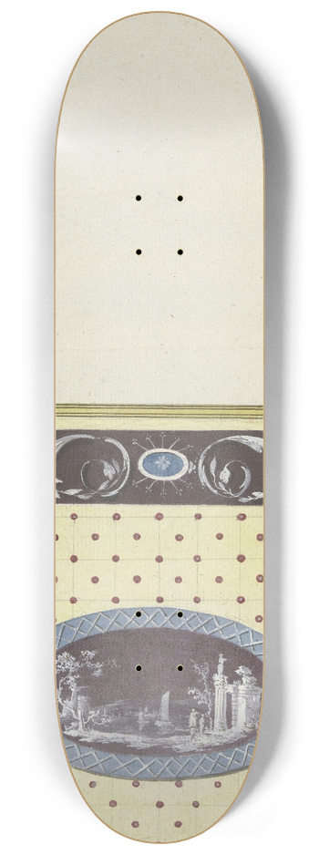 Abraham Meertens - Ontwerp voor kamerversiering met verticaal twee panelen, de onderste met een runelandschap in een liggend ovaal 8.25 inch art skate deck