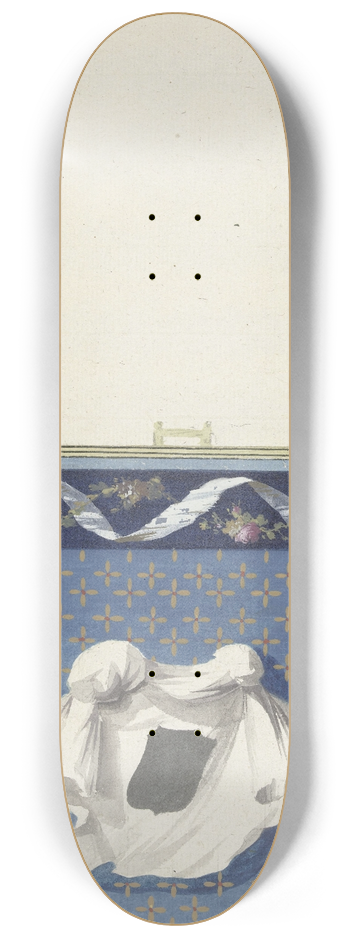 Abraham Meertens - Ontwerp voor kamerversiering met verticaal twee panelen, de onderste met een witte doek op een sterrenfond 8.25 inch art skate deck