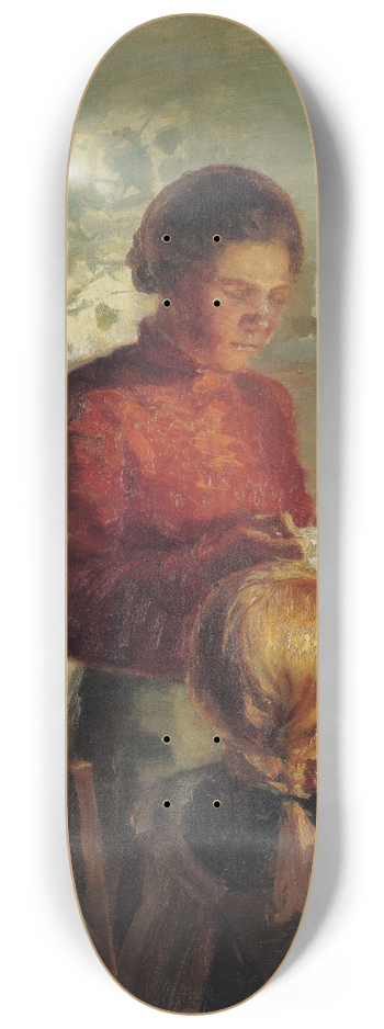 Anna Ancher - Two little girls being taught how to sew 8.25 inch art skate deck
