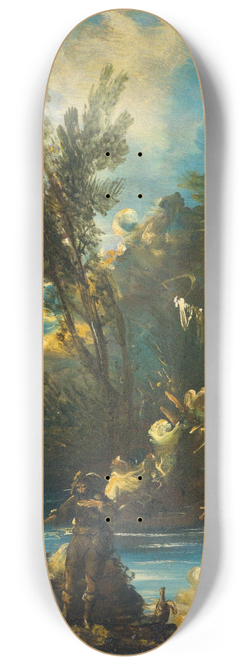 Antonio Francesco Peruzzini - A wooded river landscape with figures 8.25 inch art skate deck