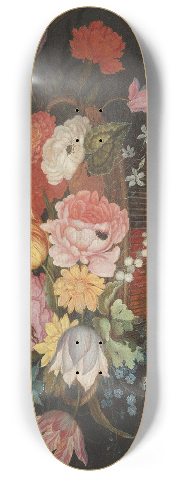 Balthasar van der Ast - Flowers in a wicker basket on a table 8.25 inch art skate deck