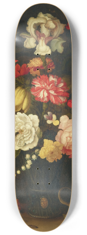 Balthasar van der Ast - Tulips, carnations, roses and other flowers in a roemer with shells and a lizard on a ledge 8.25 inch art skate deck