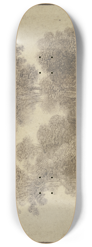 Benjamin Calau - Ein Kahn mit einem stehenden und einem sitzenden Mann vor einer bewaldeten Insel 8.25 inch art skate deck