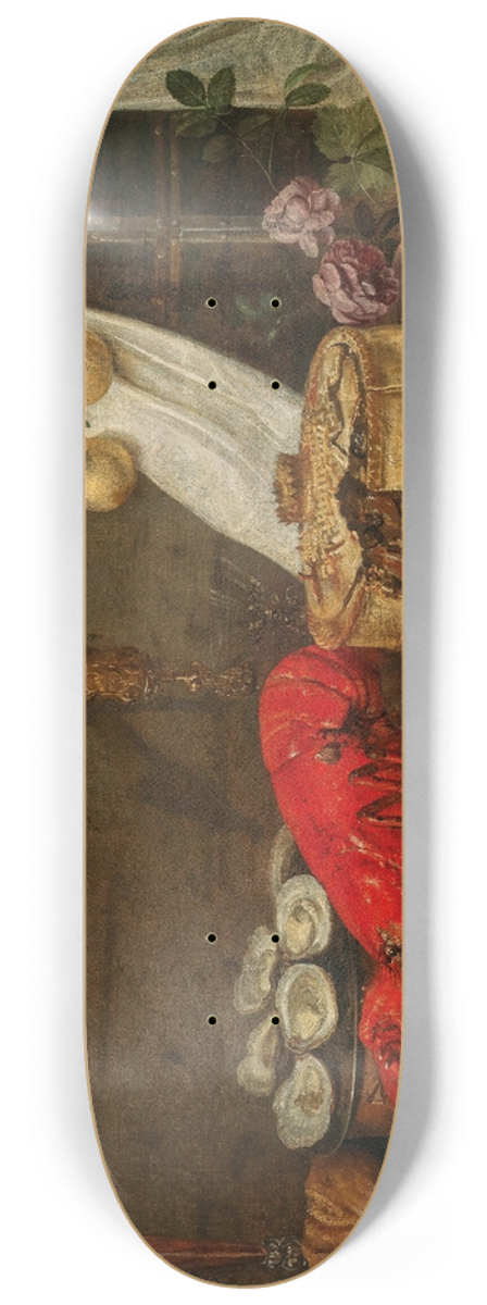 Frans Ykens - A lobster, oysters, pastry, mixed fruit and filled wine glasses on a partially draped table 8.25 inch art skate deck