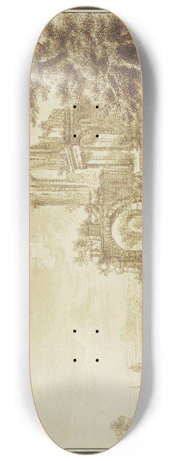 Franz Hochecker - Rechts neben einem Baum eine Ruine, durch die ein Weg fhrt, mit Bauern und einem Lasttier, links Ausblick auf eine Flulandschaft 8.25 inch art skate deck