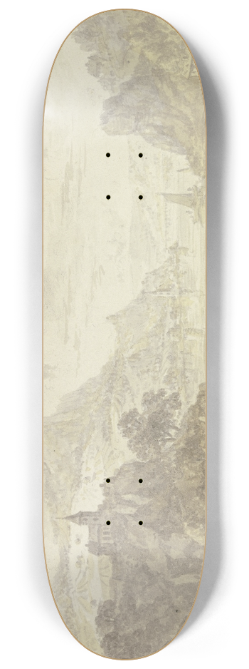 Franz Schtz - Blick in ein Flusstal mit felsigen Ufern, links auf einem Felsen eine Kirche 8.25 inch art skate deck