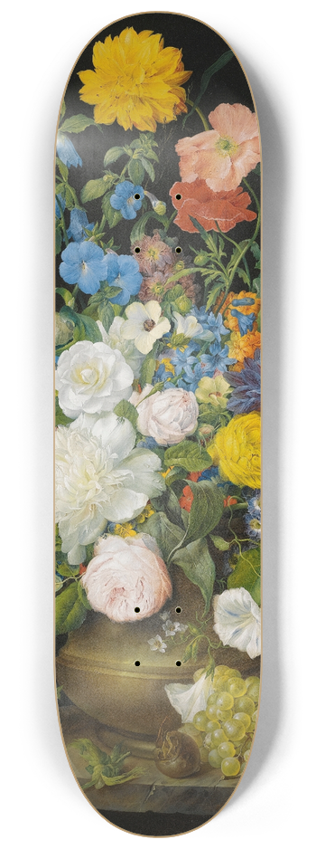 Franz Xaver Petter - A Vase Of Camellias, Geraniums, Dahlias, A White Peony, Roses, Poppies And Other Flowers, With Fruit On A Stone Ledge 8.25 inch art skate deck