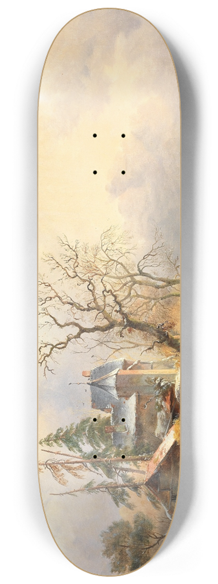 Frederik Marinus Kruseman - Winter landscape with figures near a mansion 8.25 inch art skate deck