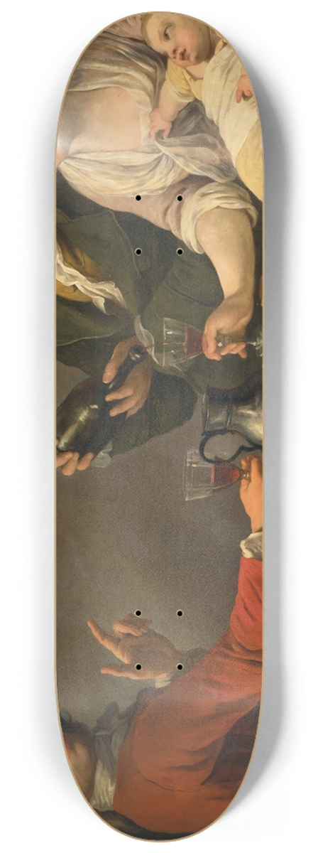 French School - Two Young Men And A Woman Holding A Child Seated At A Table, Drinking Wine 8.25 inch art skate deck