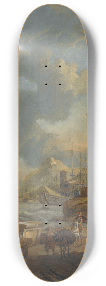 Abraham Storck - A Mediterranean Harbour Scene With Travellers On The Shore, A Dutch Man-Of-War On The Left 8.25 inch art skate deck