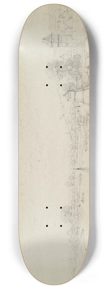 Franz Schtz - Der Main bei Sachsenhausen, rechts die Stadtmauer, im Vordergrund Boote 8.25 inch art skate deck