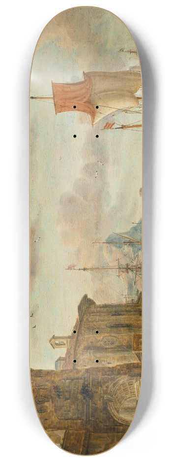 Abraham Storck - Harbour scene with ancient ruins 8.25 inch art skate deck