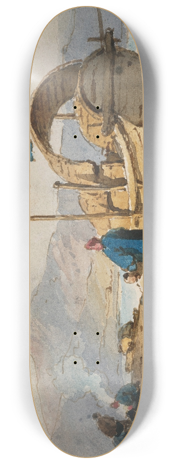 George Chinnery - Figures by a boat dwelling on the beach, Macau 8.25 inch art skate deck