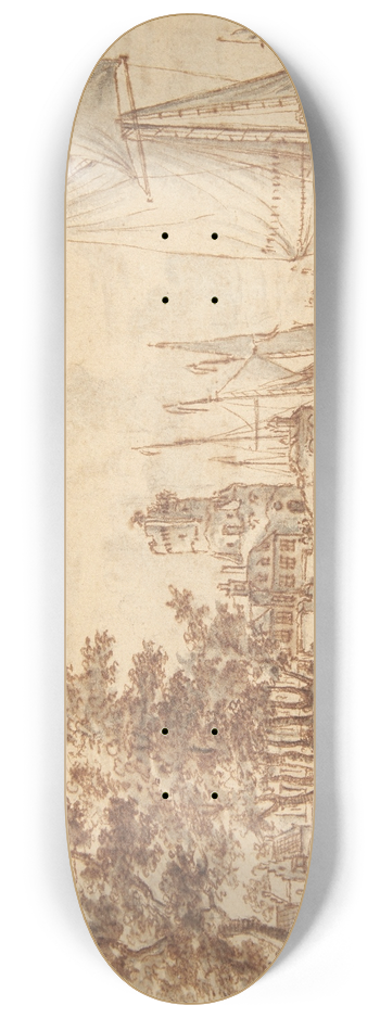 Abraham Storck - Rhine landscape with castle and ships 8.25 inch art skate deck