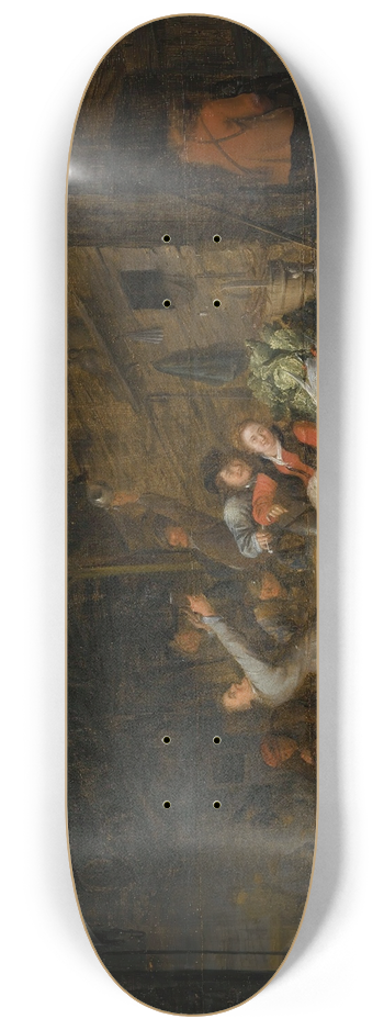 Gerrit Lundens - A Barn Interior With Figures Drinking Around A Table 8.25 inch art skate deck