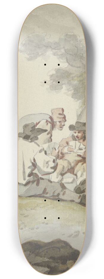 Gottlieb Welt - Vier Mnner vor einer Htte am Boden sitzend oder hockend beim Kartenspiel 8.25 inch art skate deck