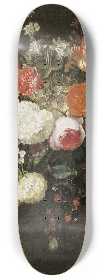 Gaspar Peeter Verbruggen the Elder - Still Life With Roses, Tulips And Other Flowers In A Vase Together With Blackberries And A Moth 8.25 inch art skate deck