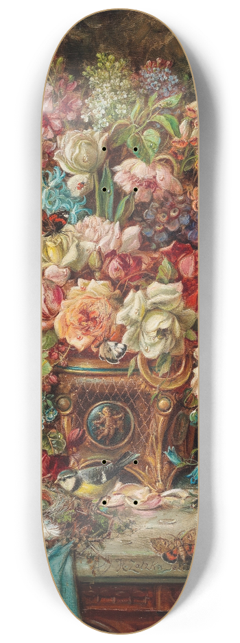 Hans Zatzka - Reiches Blumenstillleben mit Blaumeise vor einer weiten Landschaft 8.25 inch art skate deck