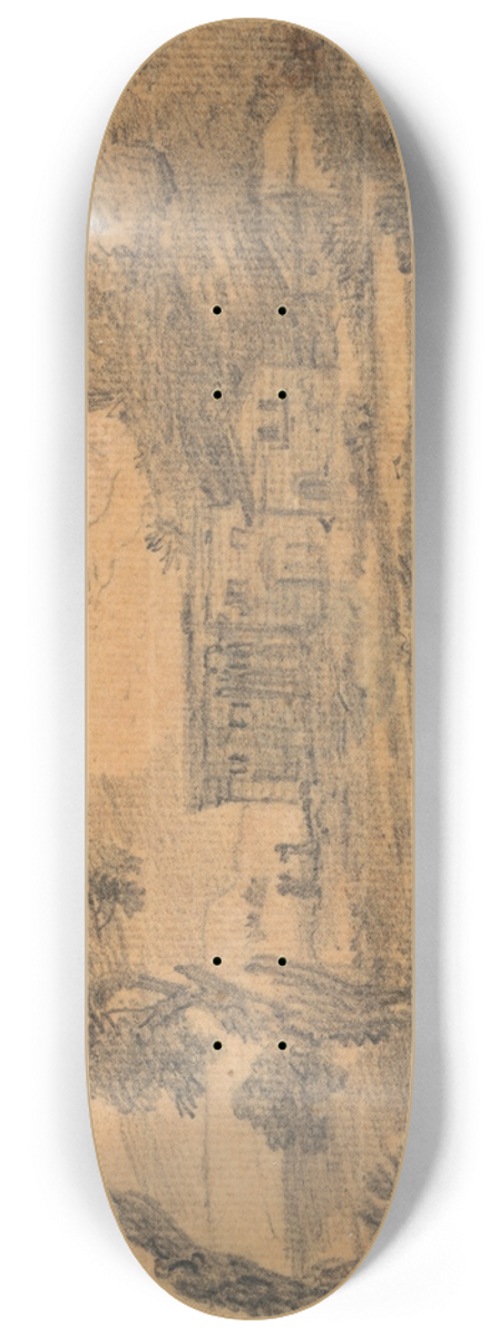 Alexander Cozens - Buildings by a River with Hills in Background 8.25 inch art skate deck