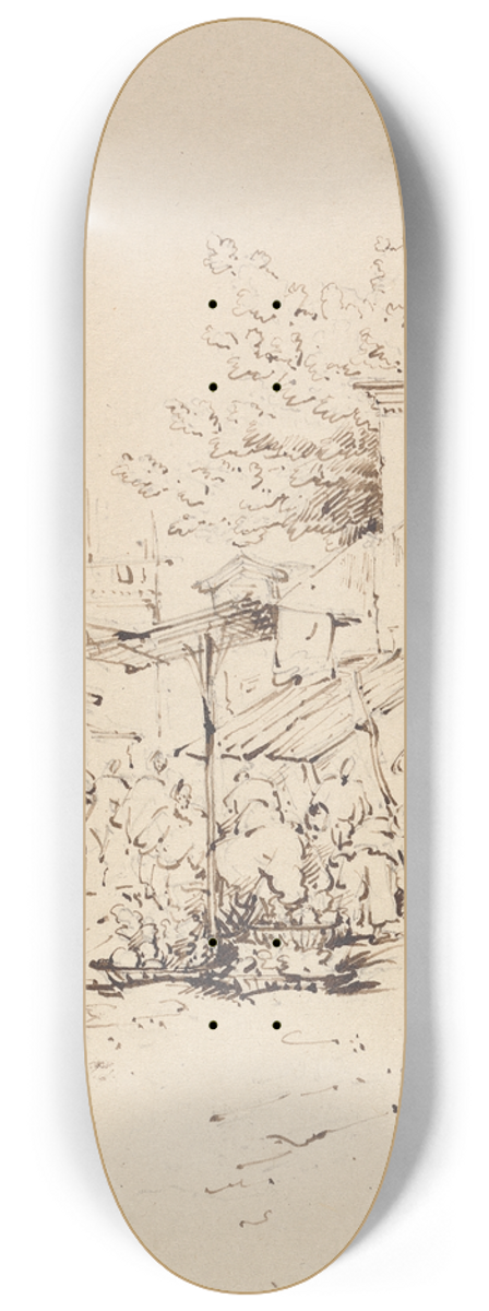 George Chinnery - Street Scene with Merchants Selling Wares 8.25 inch art skate deck
